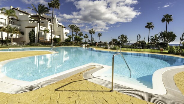 A swimming pool with a clear blue sky and palm trees. - Apartamento Afrodita (Estepona)