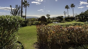 A lush garden with palm trees, a grassy lawn, and a clear view of the ocean. - Apartamento Afrodita (Estepona)
