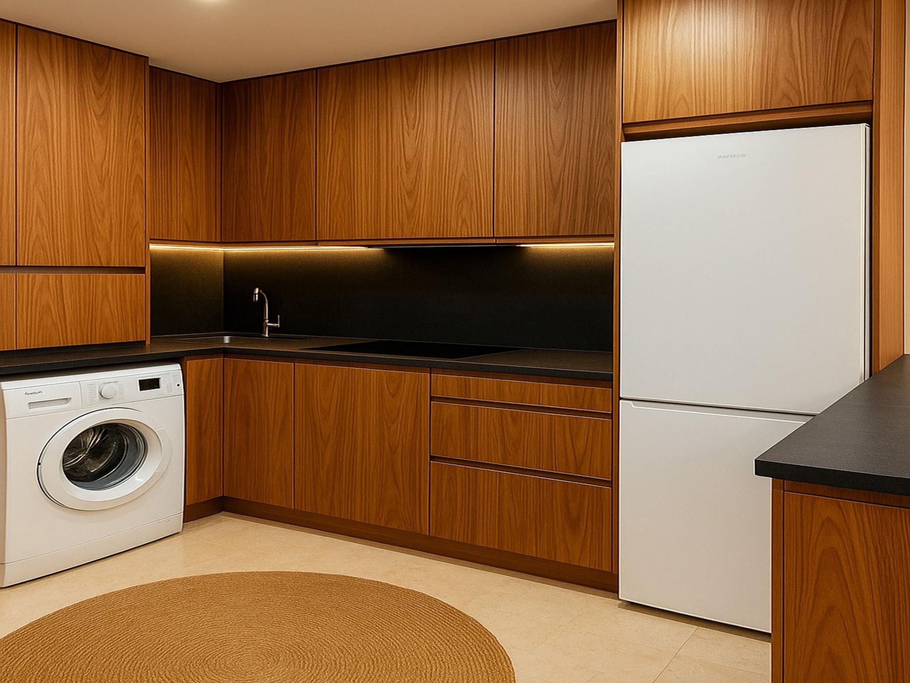 Una cocina compacta con armarios de madera, lavadora y refrigerador.