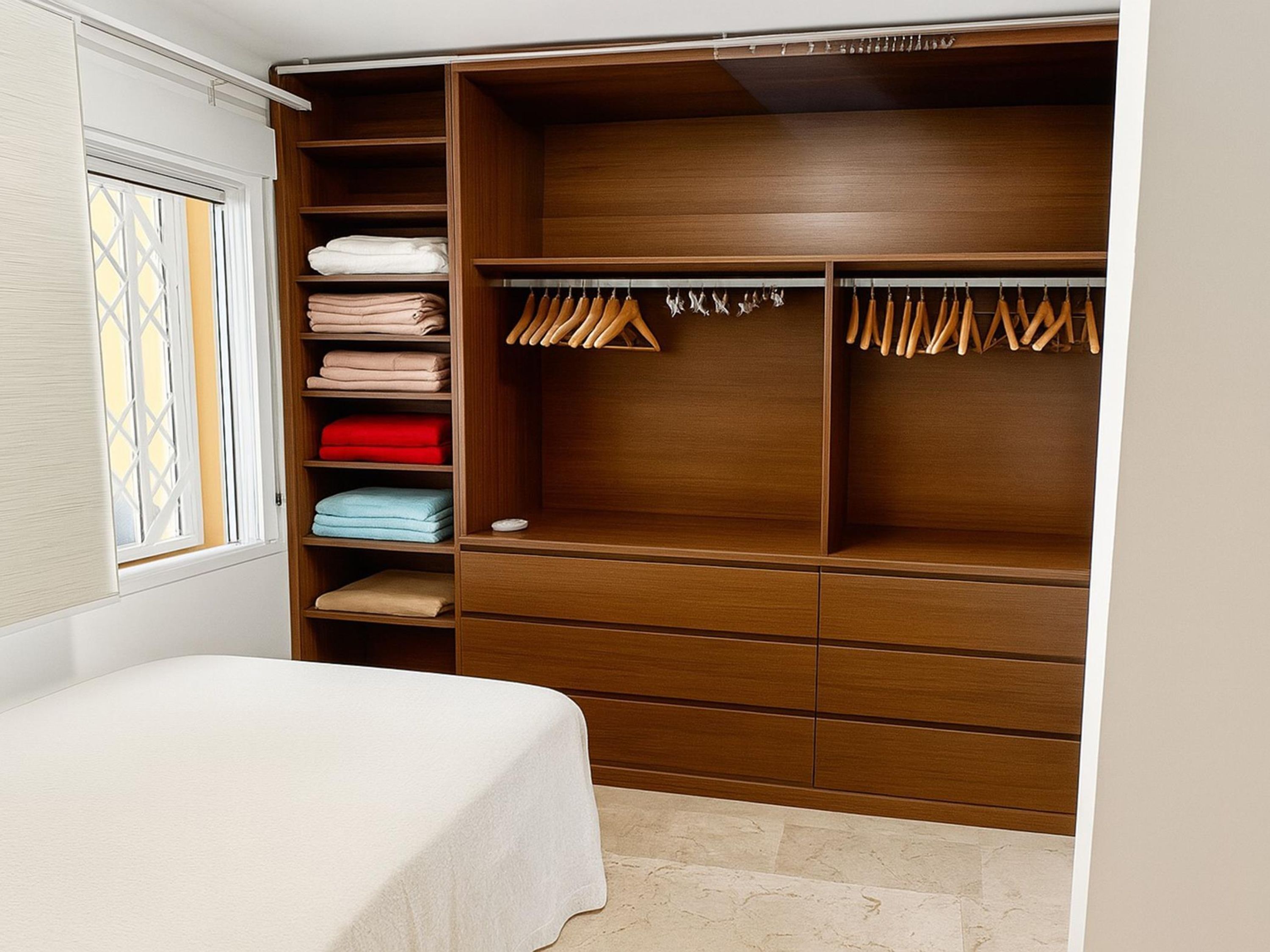 Ein Schlafzimmer mit großem Holzschrank, einem Bett mit weißer Bettdecke und einem Fenster mit dekorativem Sichtschutz.