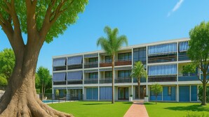 A multi-story hotel with a central courtyard, a large tree, and a clear blue sky. - Apartamento Para so Ban s (Marbella)