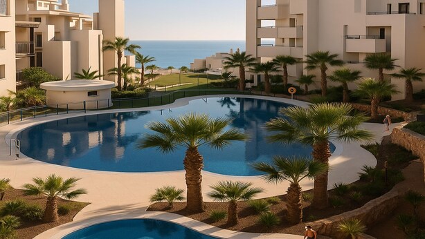 Una piscina rodeada de palmeras y edificios modernos, con vista al océano.