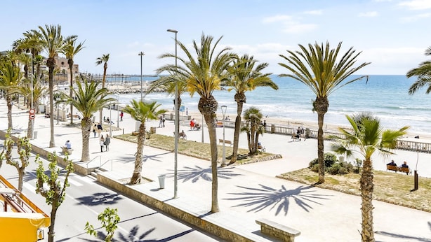 Eine Küstenpromenade mit Palmen, Bänken und Blick auf das Meer.