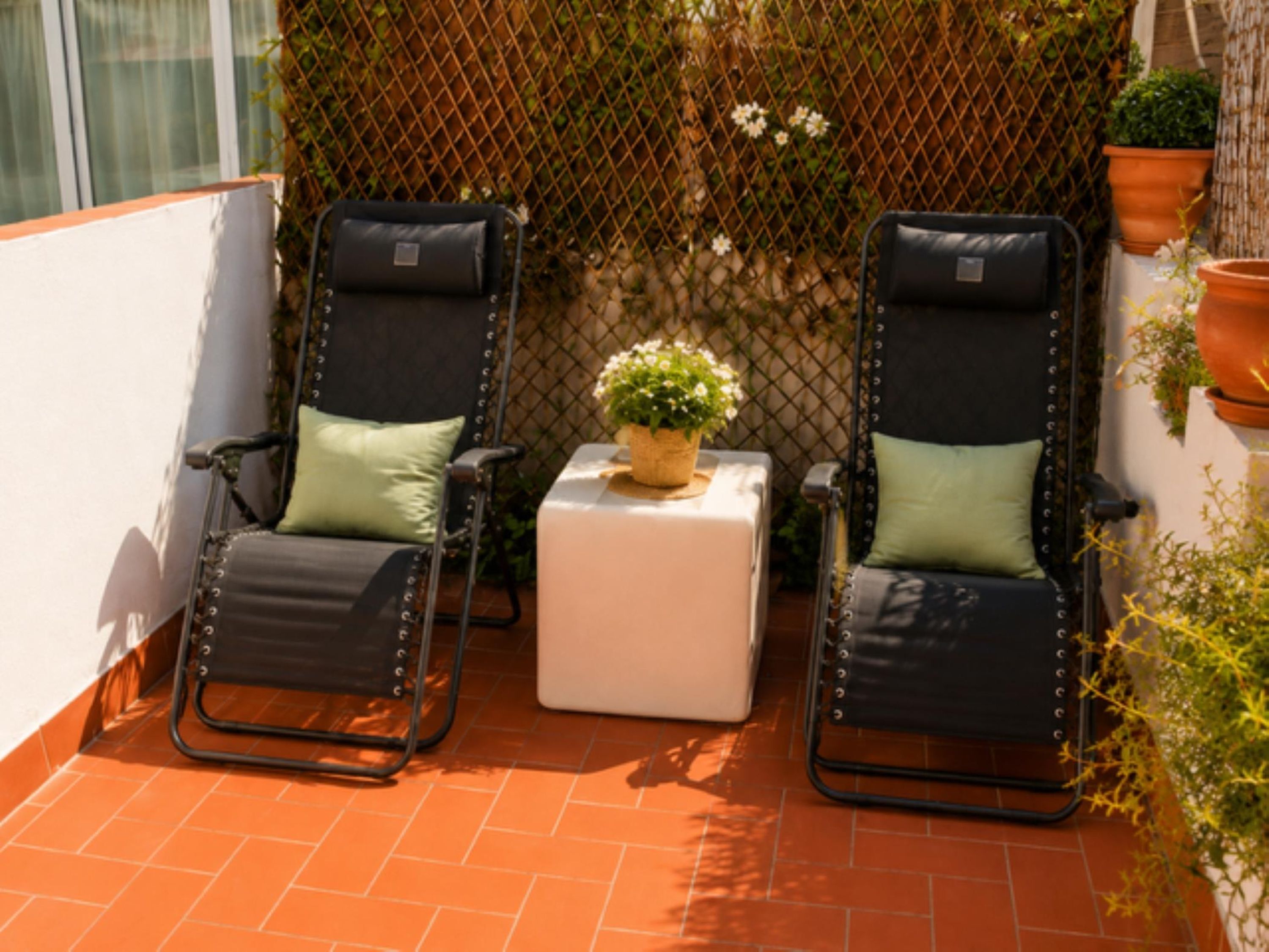 Deux fauteuils noirs avec des coussins verts, un pouf blanc et une plante en pot placés entre eux.