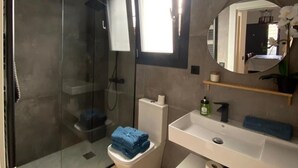 A modern bathroom with a glass shower enclosure, a toilet, a sink, and a mirror. - Cornelia Suites 03 in Santander (Santander)