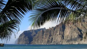 A beach with people swimming and standing on the sand, palm trees, and a rocky cliff in the background.