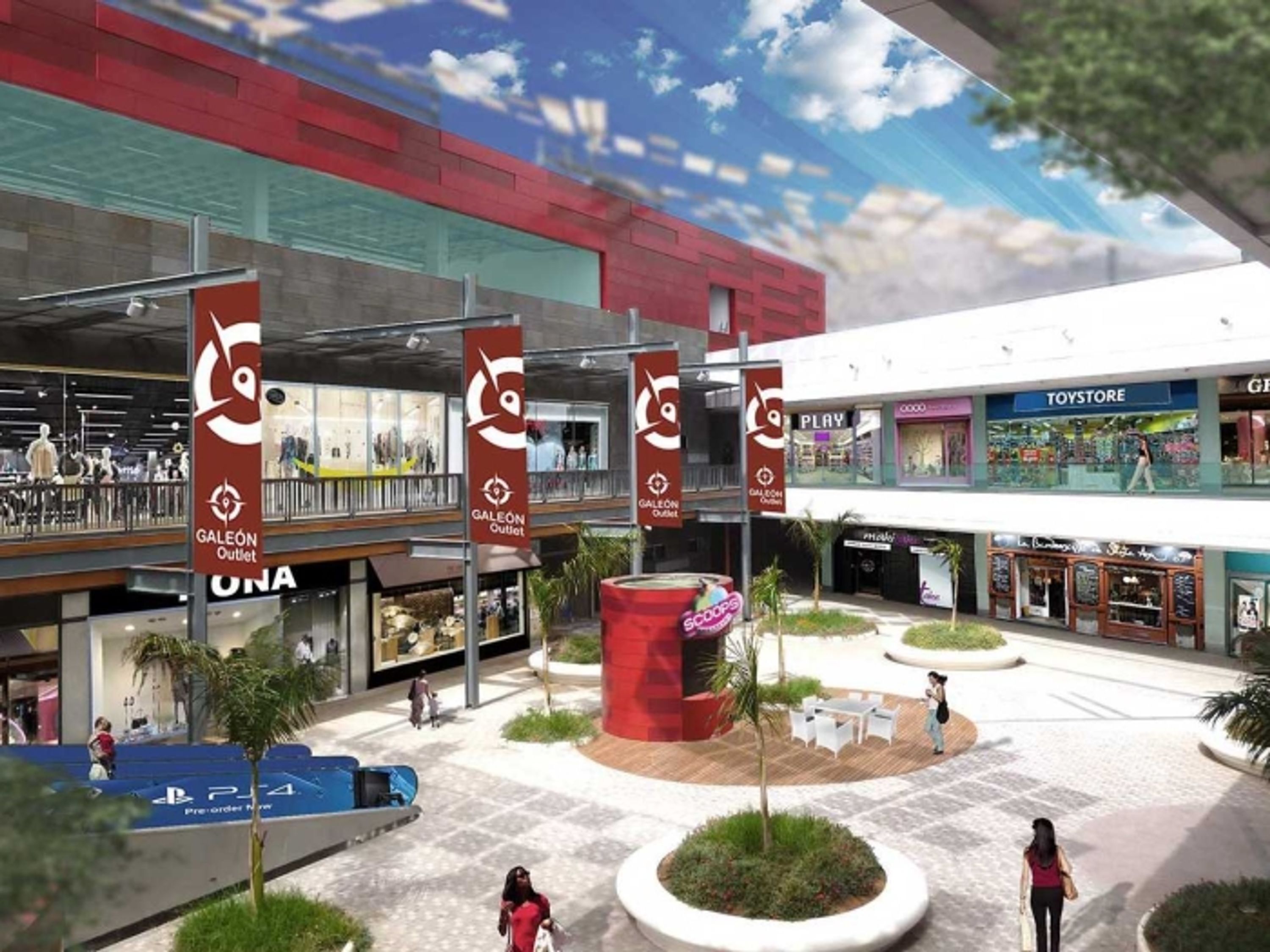 A shopping mall with multiple stores, including a PlayStation outlet and a toy store.