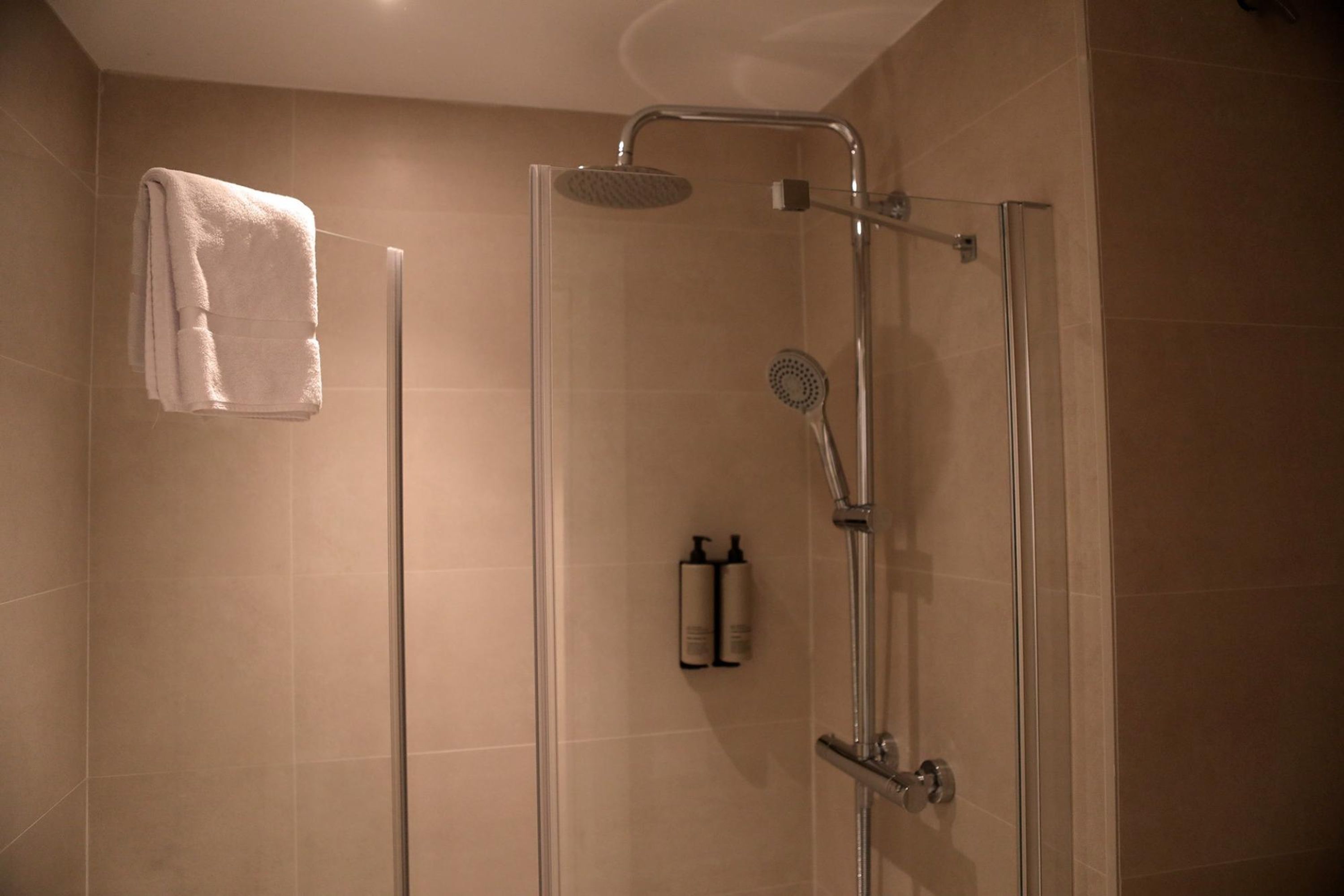 A glass-enclosed shower with a handheld showerhead, a wall-mounted towel rack, and two bottles of shampoo and conditioner.