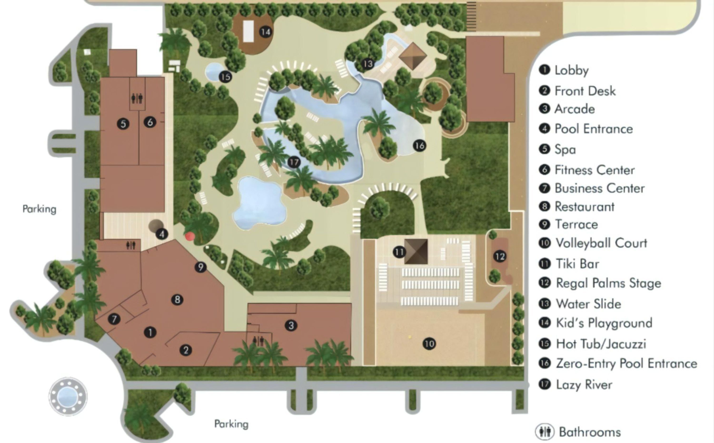 A resort layout with amenities like a lobby, spa, and pool areas.