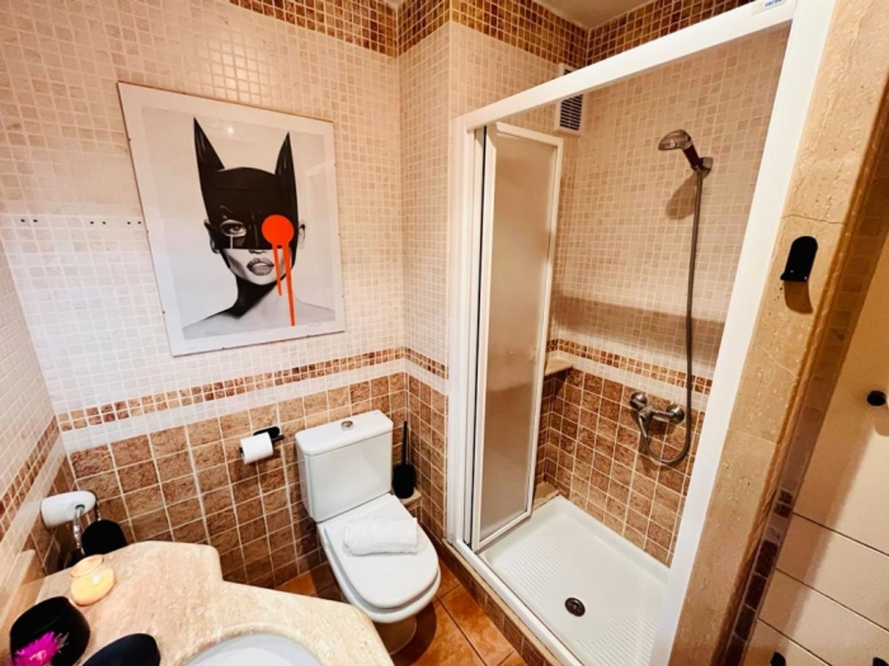 A bathroom with a toilet, shower, and a framed picture on the wall.