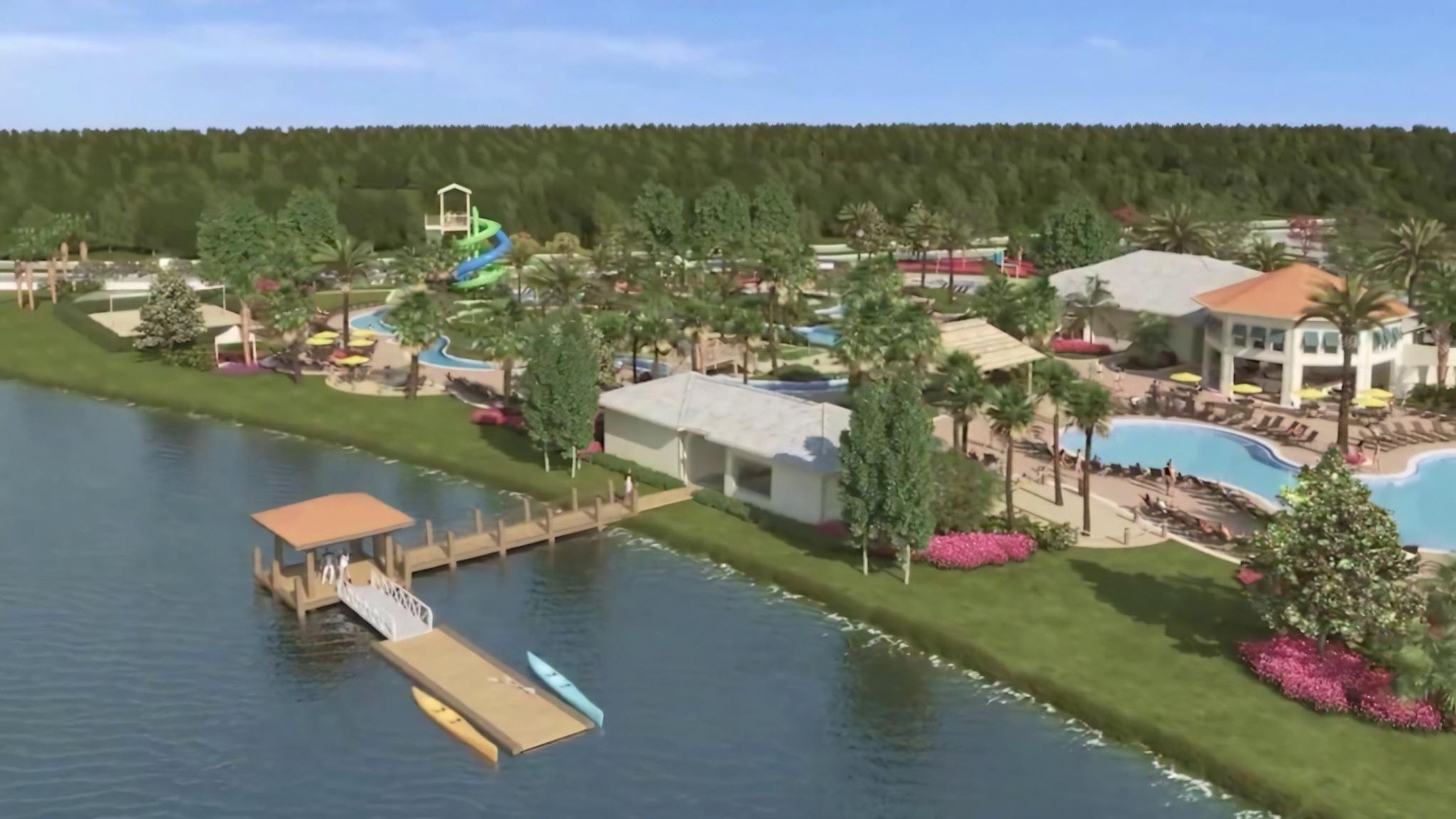 A resort with a swimming pool, a water slide, and a dock.