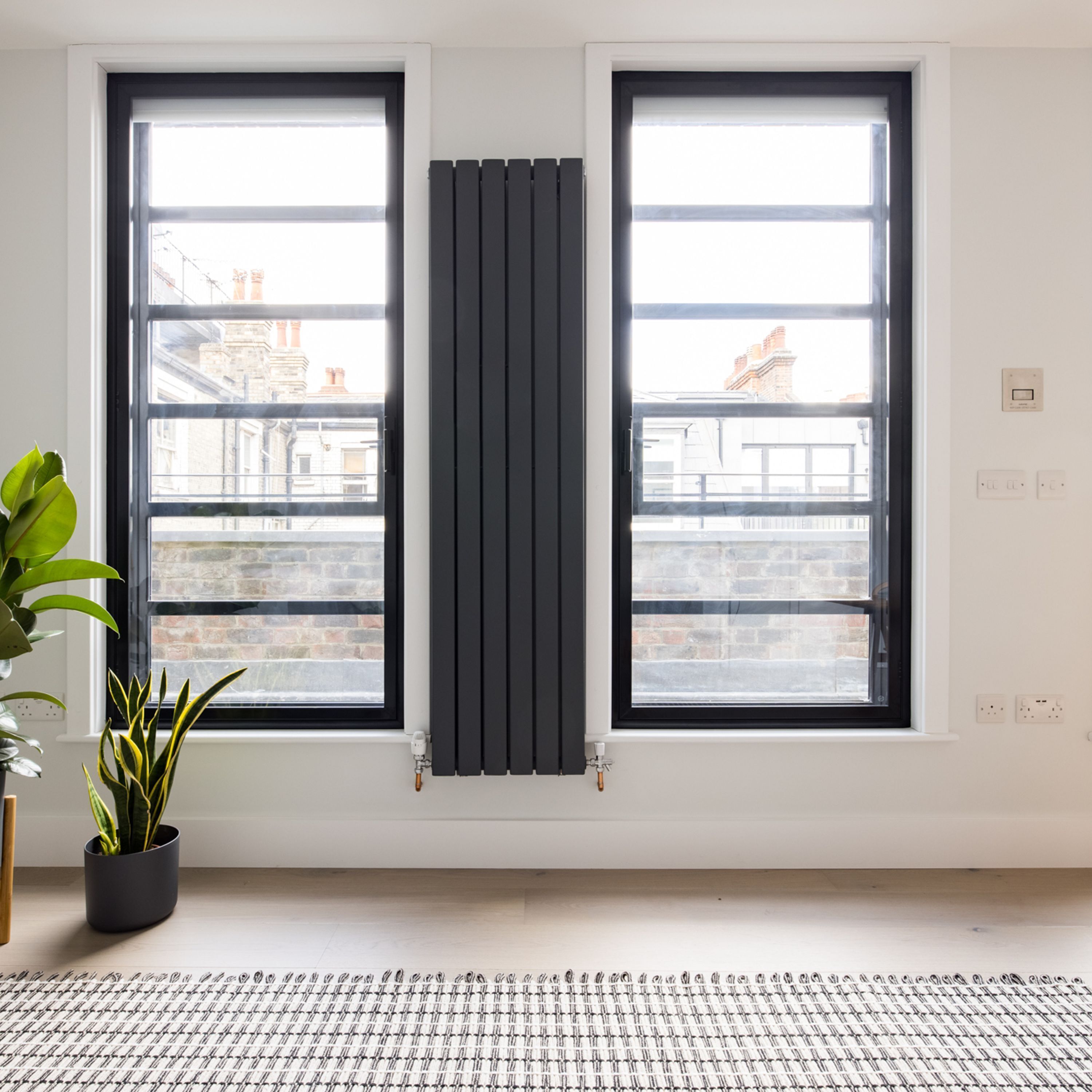 Een kamer met twee ramen, een radiator, een potplant en een kamerbreed tapijt met dessin.