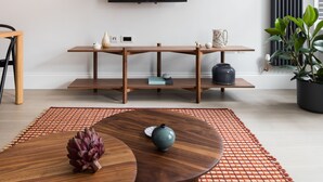 Un salon moderne avec un téléviseur à écran plat fixé au mur, une table basse en bois agrémentée d’objets décoratifs, une plante en pot et un radiateur.