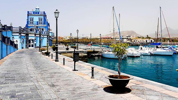 Un passeig marítim amb un edifici blau, plantes en testos i embarcacions amarrades al fons.