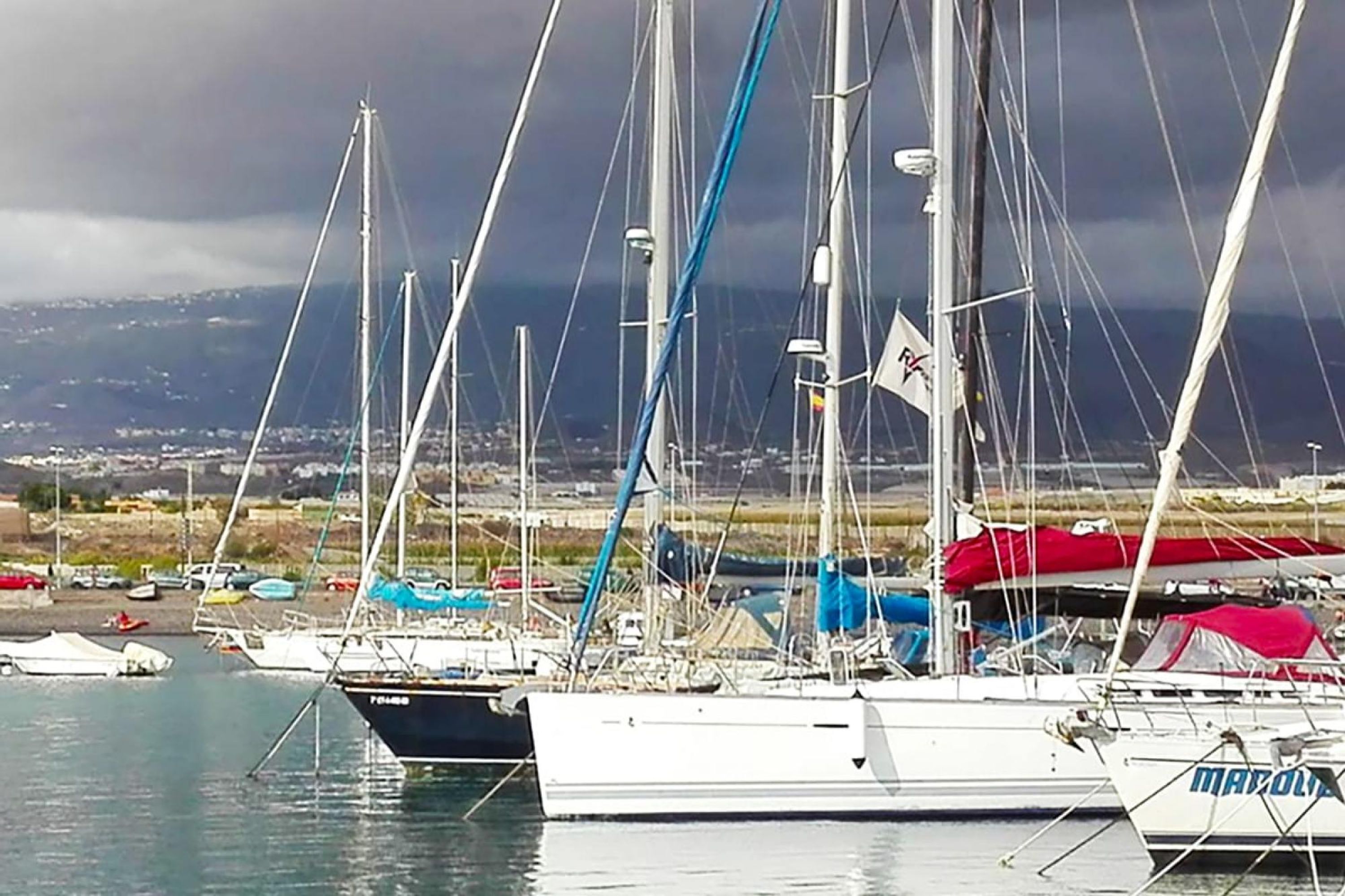 A marina with multiple sailboats docked, a clear sky, and a distant view of a coastal landscape.