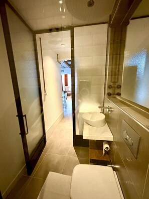 A narrow bathroom with a toilet, sink, and shower. - Galata Port Flats Chakra 1 (Istanbul)