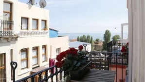 A balcony with a view of the sea, a potted plant with red flowers, and a building with multiple windows. - 401 Old City Brand New Spacious With Balcony (Istanbul)