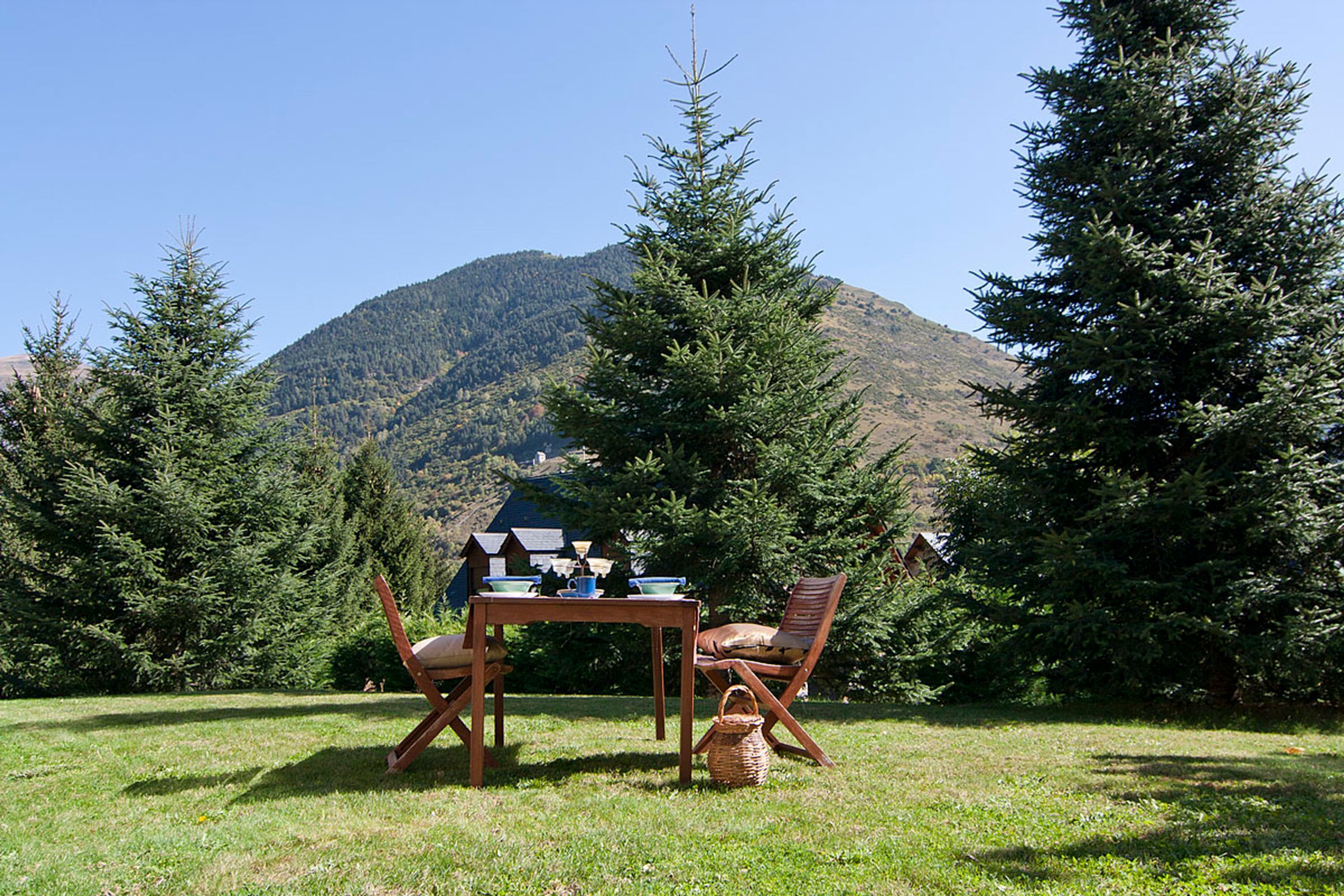 A wooden table with chairs and a basket in a grassy area with a mountain in the background.