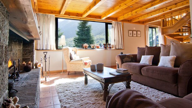 Ein gemütliches Wohnzimmer mit Kamin, Holzbalkendecke, einer Couch und Blick auf Bäume durch ein großes Fenster.
