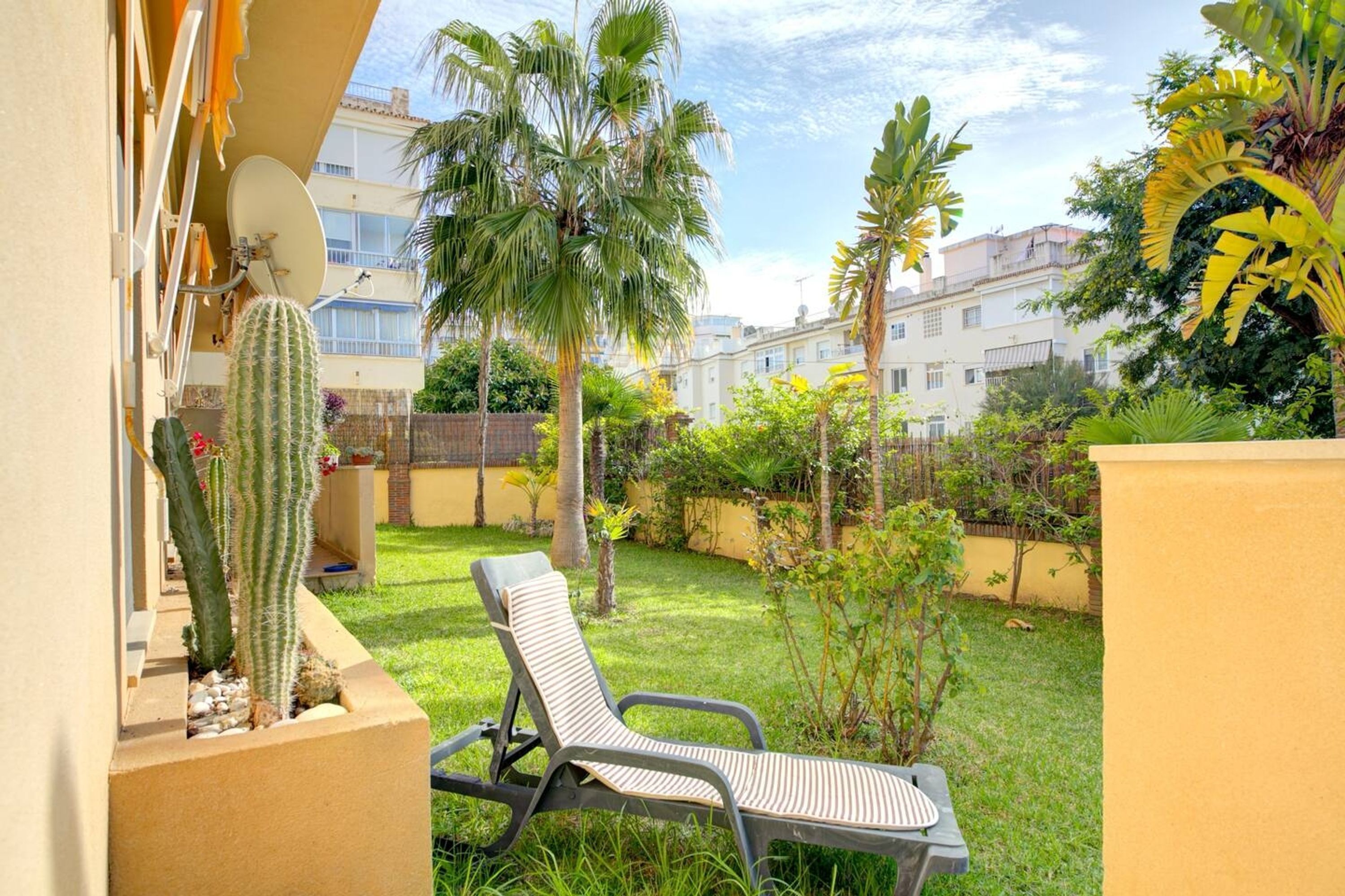 Un balcon agrémenté d’un cactus, de palmiers et d’un fauteuil de relaxation.