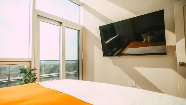 A bedroom with a bed, a TV mounted on the wall, a window, and a plant. - 902 (Halifax)