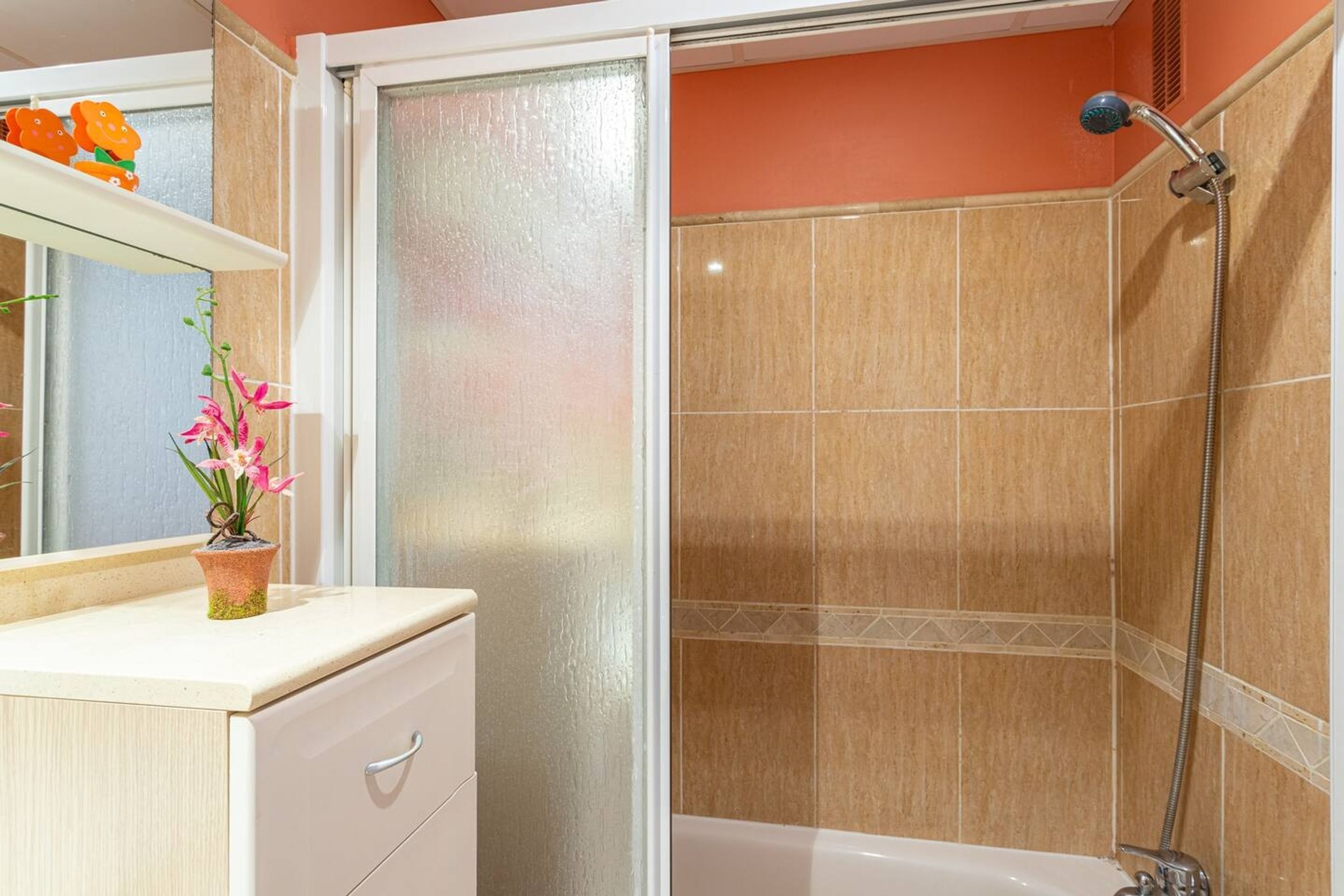 A bathroom with a shower, a sink with a mirror, and a potted plant.