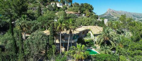 A villa surrounded by lush greenery and a mountain backdrop.