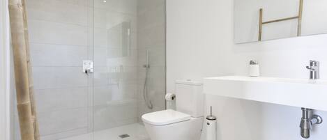 A modern bathroom with a glass shower enclosure, a white toilet, and a sink with a mirror above.