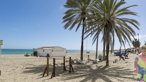 A beach with a paddling surf station, palm trees, and people relaxing. - Beachfront Apartment With Seaview Terrace (Fuengirola)