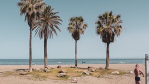 Een strand met palmbomen en een persoon bij een waterpartij.