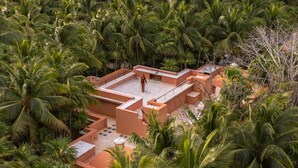 A large, open-roofed building surrounded by dense palm trees, with a view of the ocean.