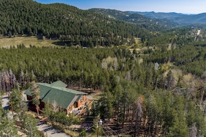 A lodge with a green roof, surrounded by dense forest and hills.