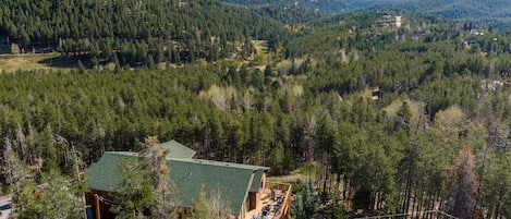 A lodge with a green roof, surrounded by dense forest and hills.