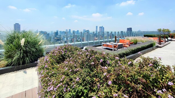 A rooftop terrace with a city skyline view, outdoor seating, and landscaped areas. - Luxurious High-rise HS Wifi Amazing City Views (Mexico City)