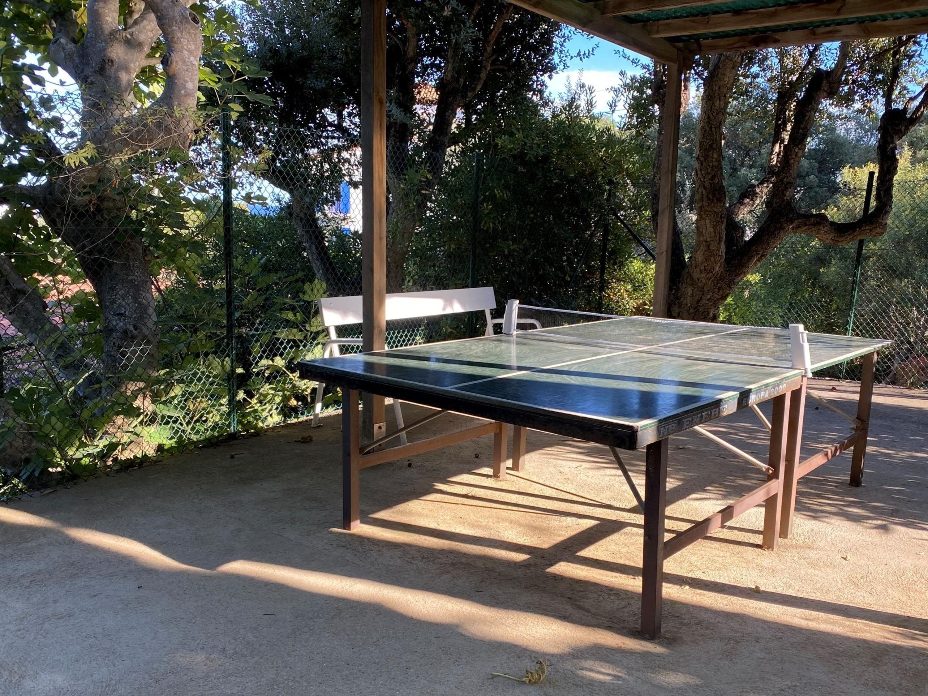 An outdoor ping pong table with a chain-link fence surrounding it, set in a garden with trees and a bench.