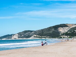Una playa con un acantilado rocoso al fondo y un cielo azul despejado.