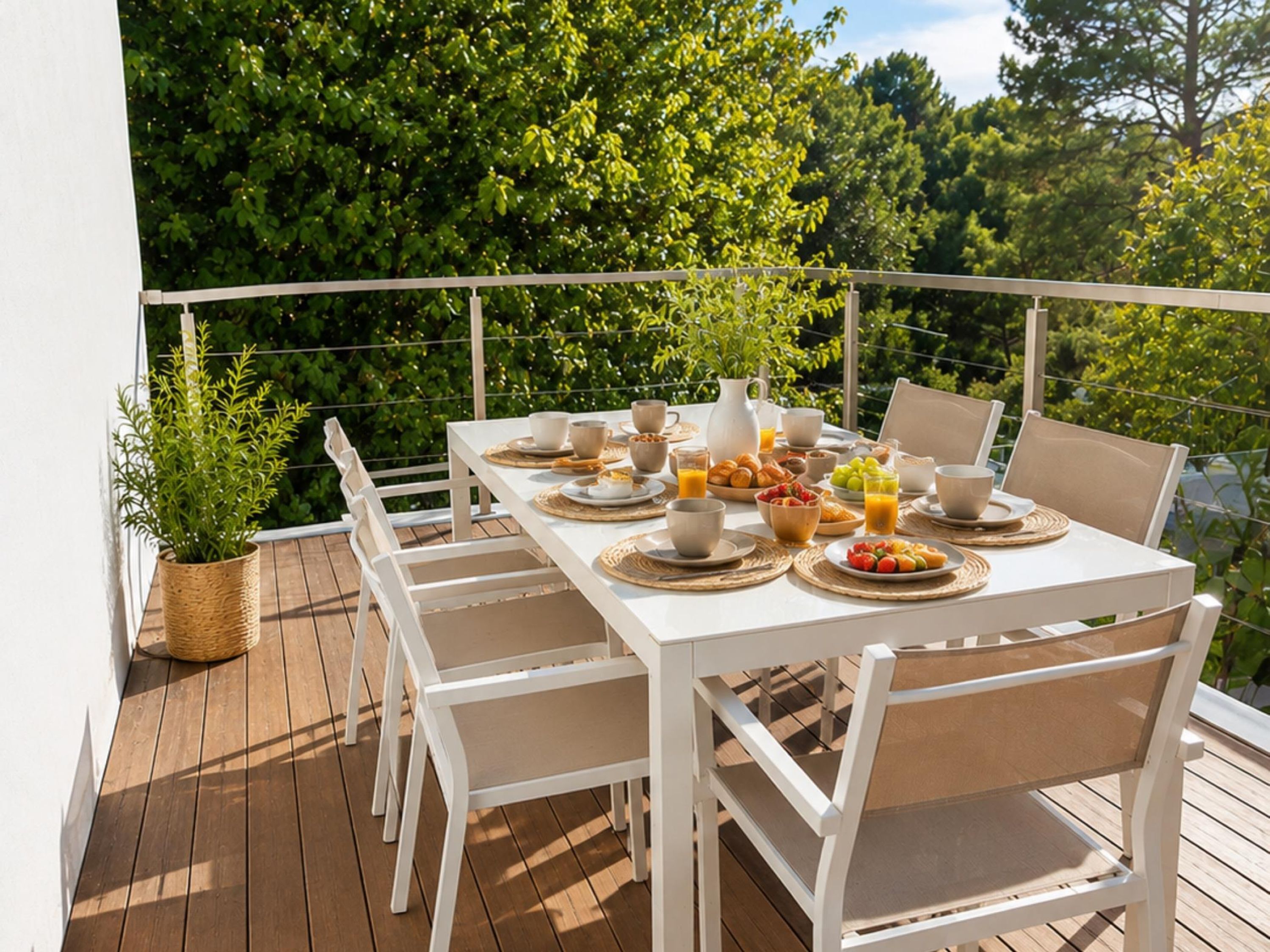 A white table set on a wooden deck with chairs, surrounded by greenery and trees.