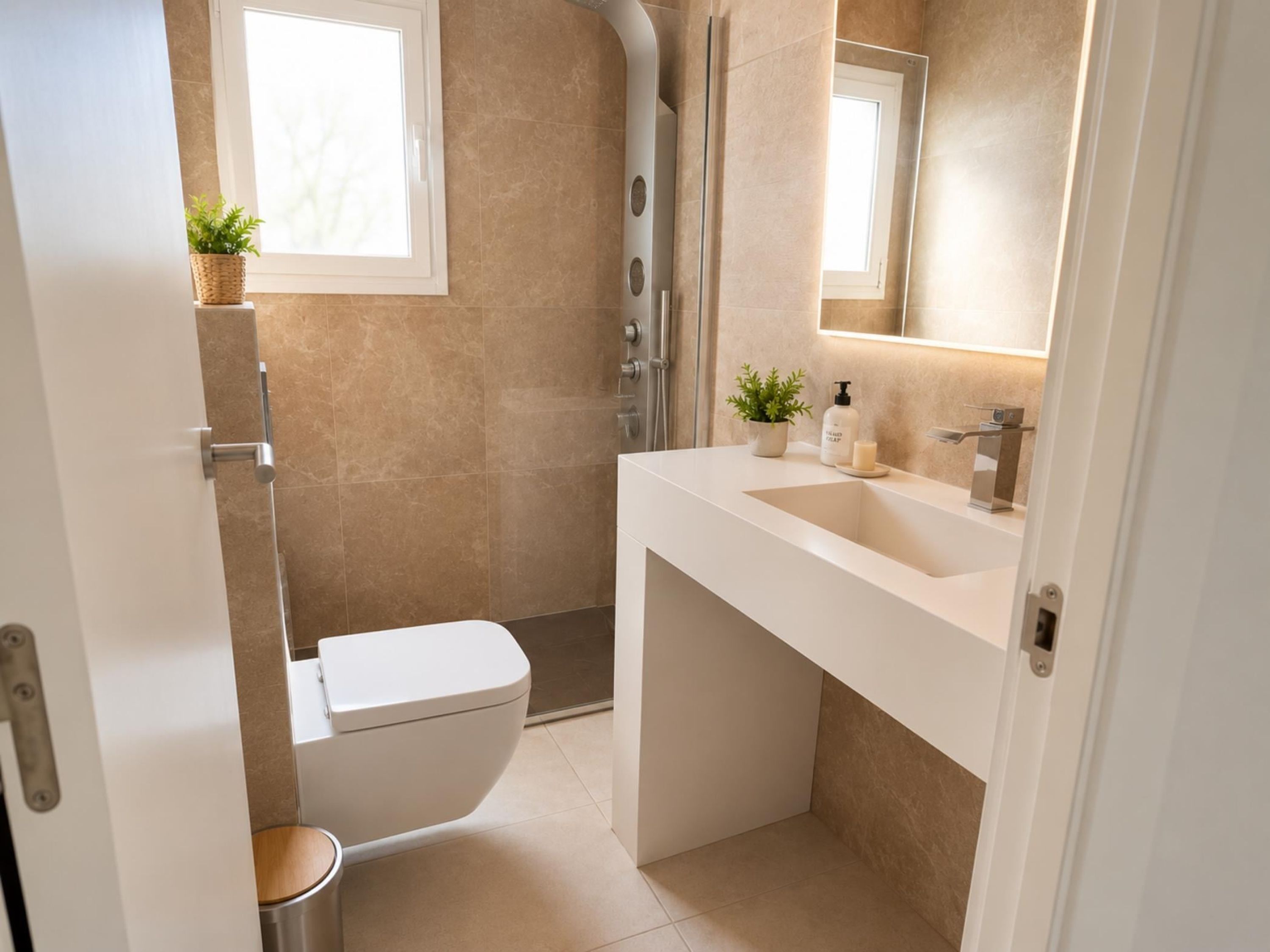 Un bagno moderno con servizi igienici, lavandino e doccia.