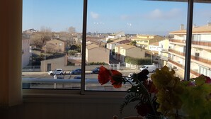 A view from a window overlooking a residential area with houses and parked cars. - 50 m from the beach (Agde)
