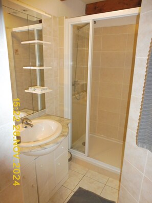 Shower, towels, toilet paper
