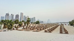Ein Strand mit Reihen von Liegestühlen und Sonnenschirmen, Palmen und einer Stadtlandschaft mit hohen Gebäuden im Hintergrund.