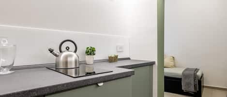 Fridge, microwave, stovetop, electric kettle