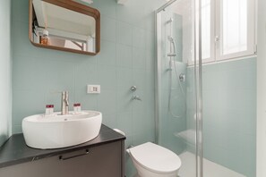 Ducha, secador de pelo, toallas y papel higiénico