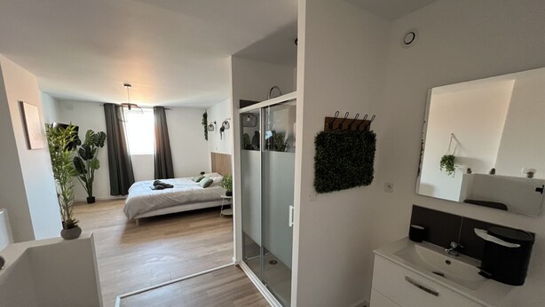 A modern bedroom with a bed, bedside plants, and a sliding door leading to a bathroom. - Le Jardin Botanique : Balnéo 2p (Lens)