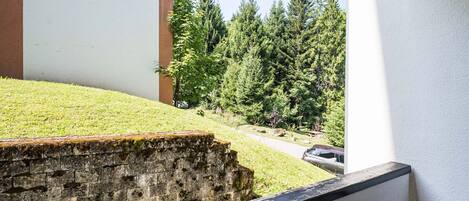 A view from a balcony overlooking a grassy area with trees and a car parked in the distance.