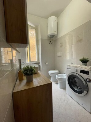 Hair dryer, towels, soap, toilet paper