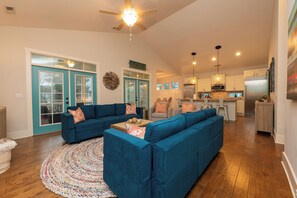 Smart TV, fireplace, books