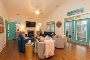 Smart TV, fireplace, books