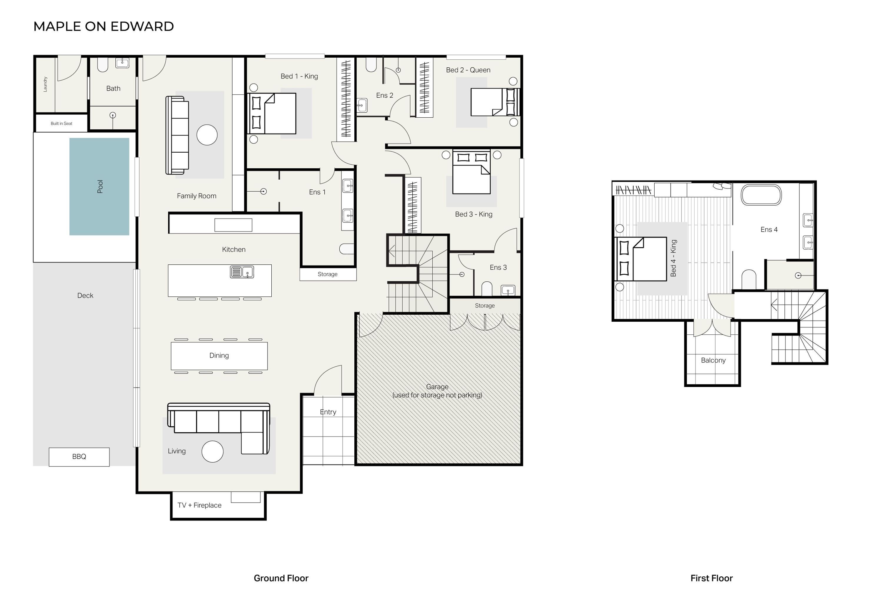 Distribución de una casa de dos plantas con piscina, comedor, sala de estar, cocina y varias habitaciones.