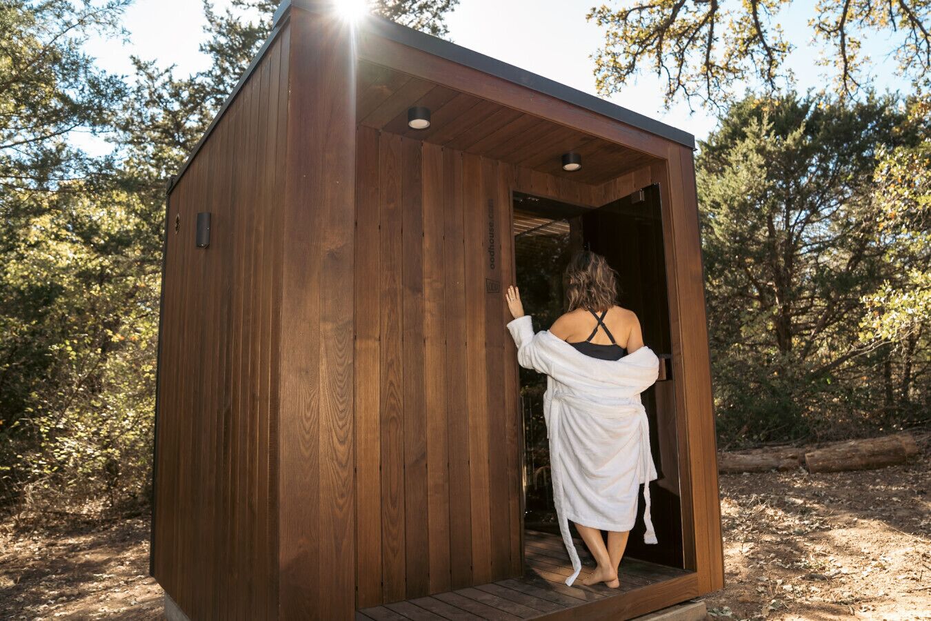 A wooden cabin with a single door, surrounded by trees.